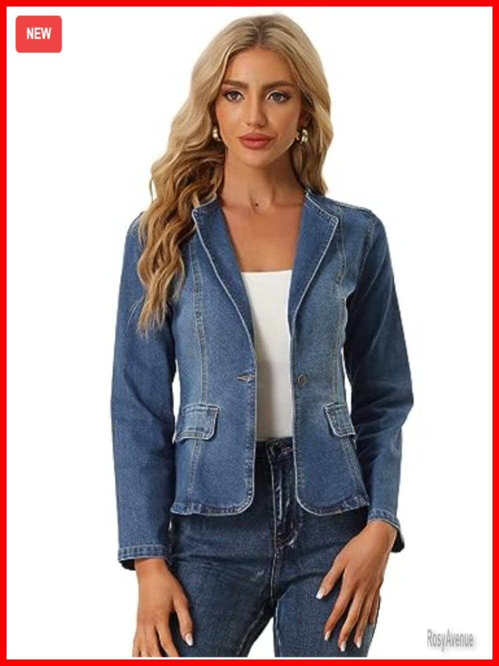 Women Collarless Fitted Denim Blazer One Button Jean Jacket Long Sleeve